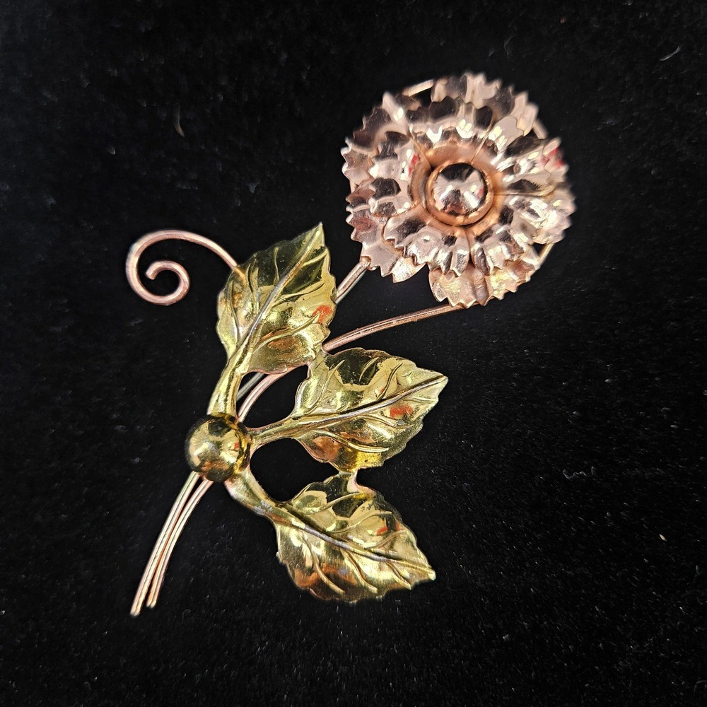 Vintage Sterling Silver Rose Yellow Gold Vermeil? Flower Brooch Pin 3.5"